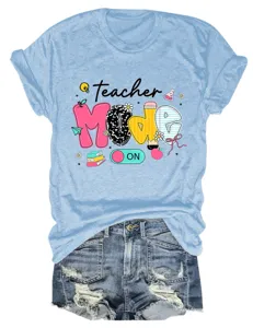 Casual women's round neck short sleeve t-shirt with cute teacher graphic print for daily wear.