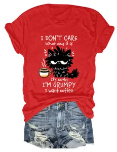 Detailed view of red short-sleeve tee featuring a cute grumpy cat and coffee graphic print.