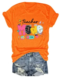 Casual women's short sleeve t-shirt with teacher mode on graphic print for daily wear.