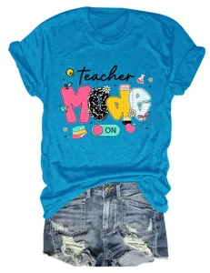Casual blue short sleeve t-shirt for women featuring teacher mode graphic design daily wear.