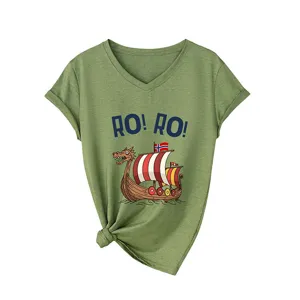 Casual Women Viking Ship Print V-Neck Short Sleeve T-Shirt Green Tee Tops Summer