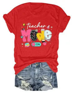 Red short sleeve t-shirt with teacher mode on print, paired with blue denim shorts for casual style.