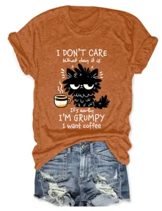 Women casual funny cat coffee print round neck short sleeve t-shirt summer top tee