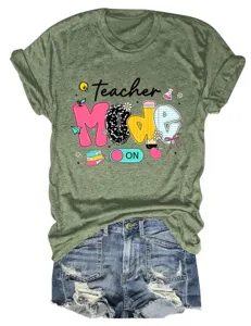 Women green short sleeve t-shirt teacher mode on graphic tee casual summer tops apparel