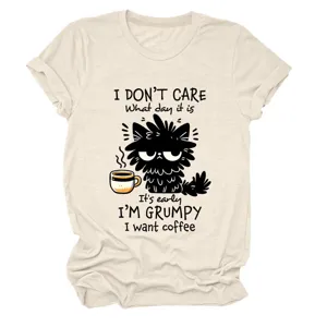 Casual women's short sleeve crewneck t-shirt featuring a funny grumpy black cat print.