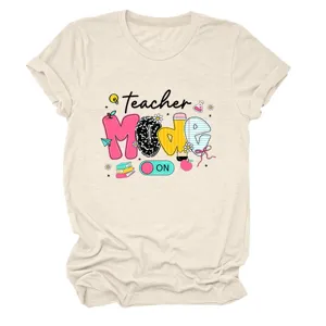 Close-up detail of women casual short-sleeve t-shirt with cute teacher graphic print.