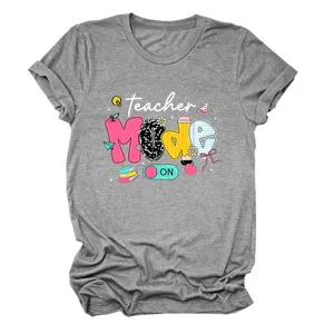 Women grey short sleeve t-shirt featuring fun teacher mode graphic print, casual crewneck style.