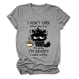 Casual grey graphic t-shirt for women featuring a funny grumpy cat and coffee print design.