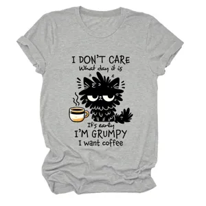 Close-up of the cute grumpy cat graphic and funny text detail on this casual grey t-shirt.