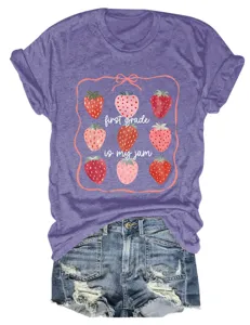 T-shirt femme violet à manches courtes avec motif de fraise et impression first grade jam.