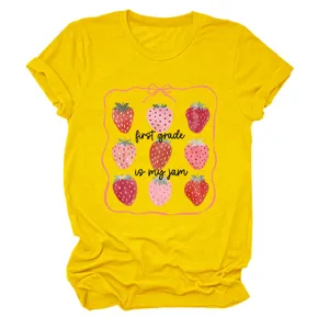 Femme First Grade Is My Jam Imprimé Fraise Graphique Casual Manches Courtes T-Shirt