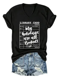 Dames vintage bibliotheek kaart grafische V-hals korte mouw zwart t-shirt zomer top.