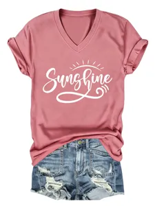 T-shirt femme été manches courtes col V imprimé Sunshine casual vue détaillée.