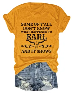 Women vintage graphic short sleeve t-shirt casual mustard round neck tee with western skull