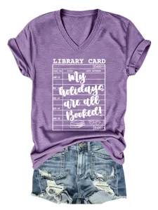 Dames paars v-hals korte mouw t-shirt grafisch bibliotheek kaart casual zomer top.