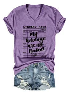 Dames V-hals korte mouw T-shirt casual bibliotheek kaart grafische zomer top