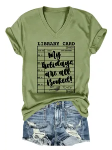 Vrouwen vintage bibliotheekkaart grafische V-hals korte mouw t-shirt casual zomer top