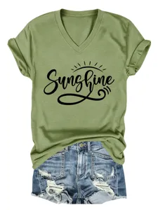 T-shirt femme vert col V a manches courtes avec imprime lettre sunshine, haut decontracte.