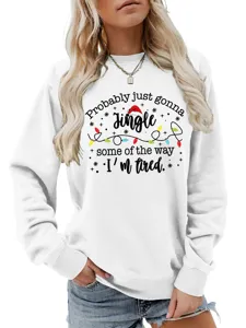 Detailed view of white long sleeve sweatshirt with funny christmas text print and lights.