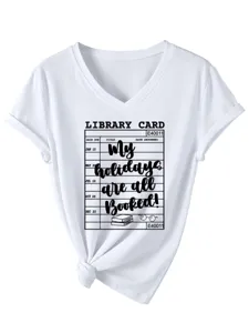 Modieuze dames V-hals korte mouw t-shirt met bibliotheek kaart print zomer top casual