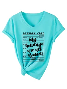Dames V-Hals Korte Mouw T-Shirt Library Card Vakantie Volgeboekt Casual Top Shirt