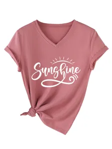 T-shirt femme décontracté à col V et manches courtes avec imprimé sunshine et joli nœud.