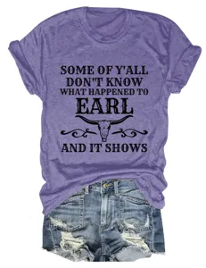 Women graphic short sleeve tee detail, funny quote print purple t-shirt and denim shorts.