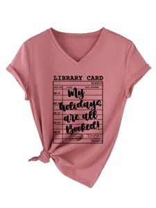 Dames vintage bibliotheekkaart print korte mouw v-hals casual t-shirt roze topje