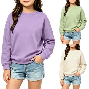 Childrens solid color crewneck long sleeve sweatshirt with denim shorts, casual kids apparel.