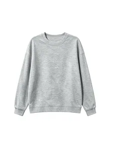 Kids casual solid grey crewneck sweatshirt detail, soft fleece fabric for autumn and winter.