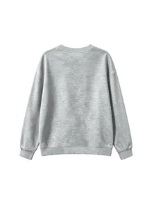 Kids solid grey long sleeve crewneck sweatshirt back view, comfortable casual autumn wear.