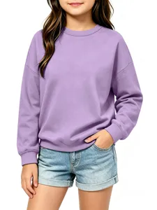 Detailed view of children's solid purple long sleeve sweatshirt and casual denim shorts outfit.