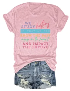 Casual women's round neck short sleeve T-shirt with inspiring letter print for daily wear.