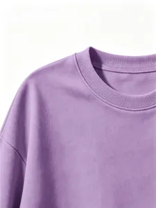 Close-up detail of purple kids sweatshirt collar, soft ribbed fabric, neat stitching style.