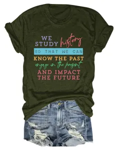 Olive green short sleeve t-shirt detail showing inspirational english typography print graphic.