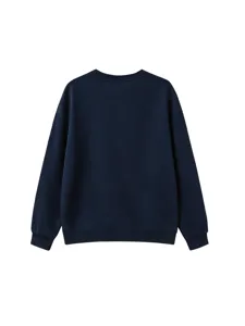 Detailed view of kids navy blue solid color crewneck long sleeve sweatshirt fabric texture.