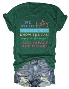 Close-up detail of the inspirational quote print on the dark green cotton short sleeve t-shirt.