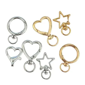 Alloy keychain clips set including heart star and round shapes in gold and silver for DIY jewelry.