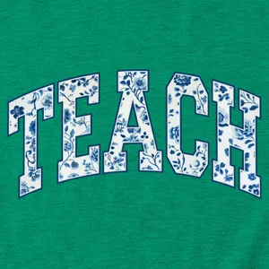 Dames casual korte mouw t-shirt met blauwe bloemige teach letters print grafische top.