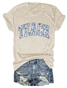 Dames casual beige t-shirt met blauwe bloemenprint teach letter korte mouw top en denim korte broek