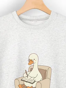 Cute cartoon duck graphic grey sweatshirt, casual long sleeve crewneck pullover apparel.