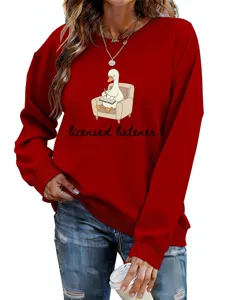Women red crewneck sweatshirt with cute duck graphic and licensed listener letter print casual top