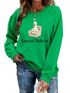 Women casual green long sleeve sweatshirt with cute cartoon duck print and letter graphic.