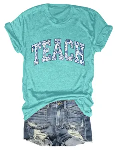 Vrouwen casual teal korte mouw t-shirt met blauwe bloemen teach letter print zomer top
