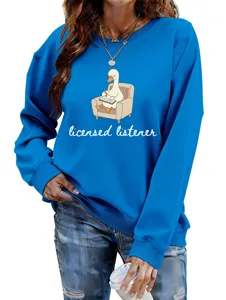 Close up detail of funny duck graphic print on casual blue long sleeve sweatshirt for women