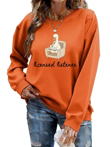 Casual cute duck print long sleeve fleece sweatshirt for women, comfortable orange pullover top.