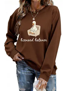 Women brown long sleeve sweatshirt cute duck print casual pullover top for autumn daily wear