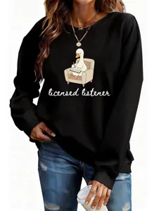 Casual funny women's black sweatshirt with cute reading duck graphic and licensed listener print.
