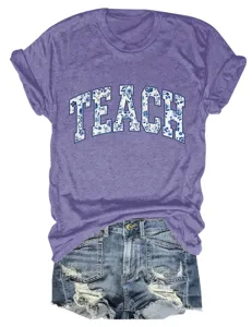 Dames Paarse Teach Bloemen Print Korte Mouw T-Shirt en Denim Shorts Set Casual Zomer