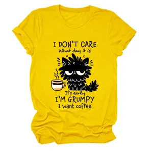 Casual yellow women short sleeve t-shirt with funny grumpy cat coffee graphic print top.